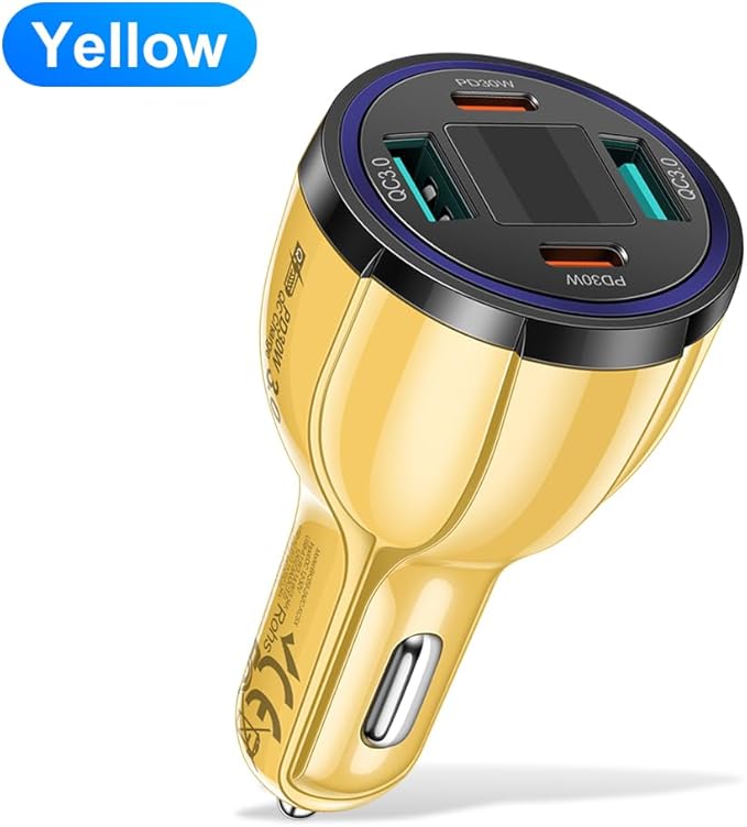 USB C Car Charger Adapter with Voltmeter Compatible with iPhone, Android, Samsung, iPad Pro, PD30W &QC3.0 Multi Port Fast Charging (Yellow)