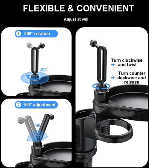 Upgraded 4-in-1 Car Cup Holder,Car Tray,Dual Cup Holders,Phone Mount,360° rotatable car Tray and Phone Expander,All in one Road Trip Essentials