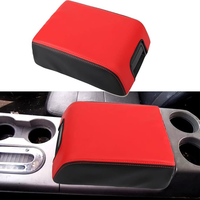 XITER 1PC Leather Center Console Armrest Box Cover Waterproof Cushion Pad for F150 2004-2008 Not Fit Jump Seat Console(Red+Black)