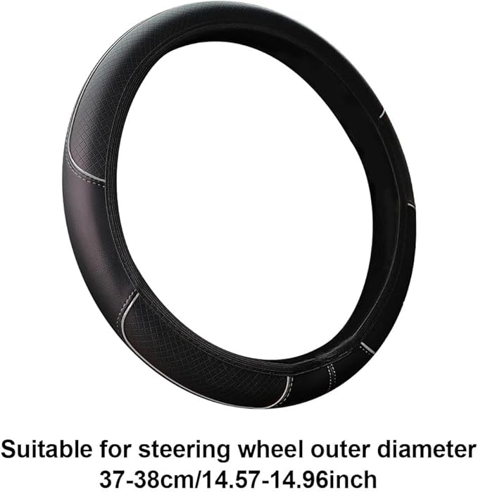 Queenbox Faux Leather Car Steering Wheel Cover, Anti-Slip Grip Diamond Quilted Protector Universal for 14.5-15in Round D Vehicle SUV Truck, Black Gray