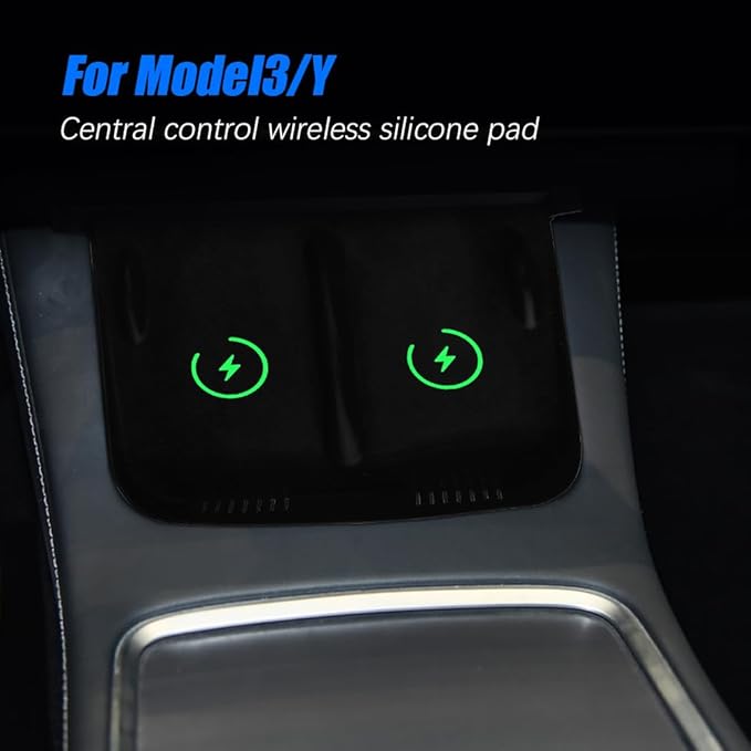 Center Console Wireless Charger Anti-Slip Silicone Mat, Waterproof Phone Pad for Wireless Charging, Car Interior Accessories Universal for Model 3 Model Y 2021-2024 (Luminous, Black)