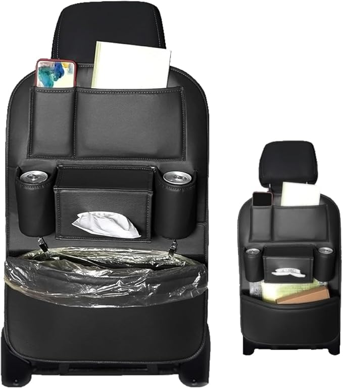 1PCS Car Backseat Organizer Seat Back Protectors Kick Mats, PU Leather Car Storage Organizer Hanging Bag with Car Tissue Holder Kids Toys Storage Car Accessories (Black)