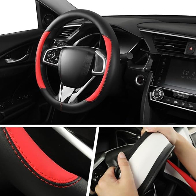 Car Steering Wheel Cover,Microfiber Leather Steering Wheel Cover Universal 15.5-16 inch, Anti-Slip Breathable Auto Wheel Cover Protector for Men Women (Black&Red)