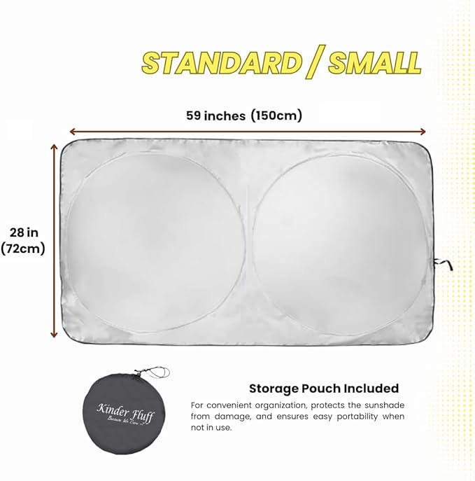 Kinder Fluff Windshield Sunshade | Reflective Patented Car Sun Protection - Certified 99% UVR Block - Cool Interior | Foldable Sun Visor Cover | Automotive Accessories for Summer Heat |Size S 59"x28"