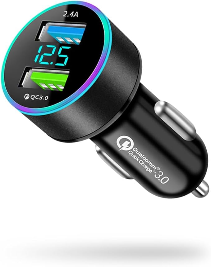 USB C Car Charger Adapter, Dual QC3.0 Ports Cigarette Lighter Car Charger, All Metal Quick Charge with LED Voltage Display, Compatible with iPhone11 pro/Xs/Max, Galaxy Note 8/S9 and More