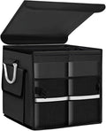 Trunk Organizer with Lid, 28L Collapsible 2-Compartment Car Storage Box with Reinforced Handles, Multipurpose Waterproof Oxford Storage Organizer for SUVs Sedans Trucks (Black)