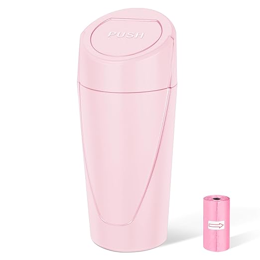 Kincown Car Trash Can, Mini Car Trash Bin with Lid, Leakproof Cup Holder Car Garbage Can with 20 Trash Bags, Vehicle Front Back Seat Organizers and Storage for Car, Home, Office, Pink