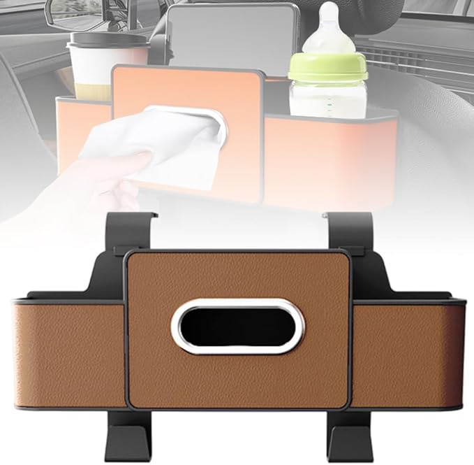 Fiopet 3-in-1 Car Seat Back Storage Box, 2026 New Multifunctional Car Back Seat Organizer with Cup Holder, Tissue Box, Trash Bin & Hooks for Hold Phones, Snacks, Drinks, Handbags (Brown)