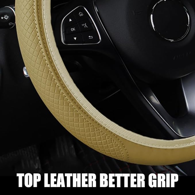 Car Steering Wheel Cover, Universal 14.5-15 Inch Beige Leather Steering Wheel Wrap with Better Sport Grip for Men Women, Anti-Slip Breathable Car Interior Accessories for Most Vehicles (Beige)