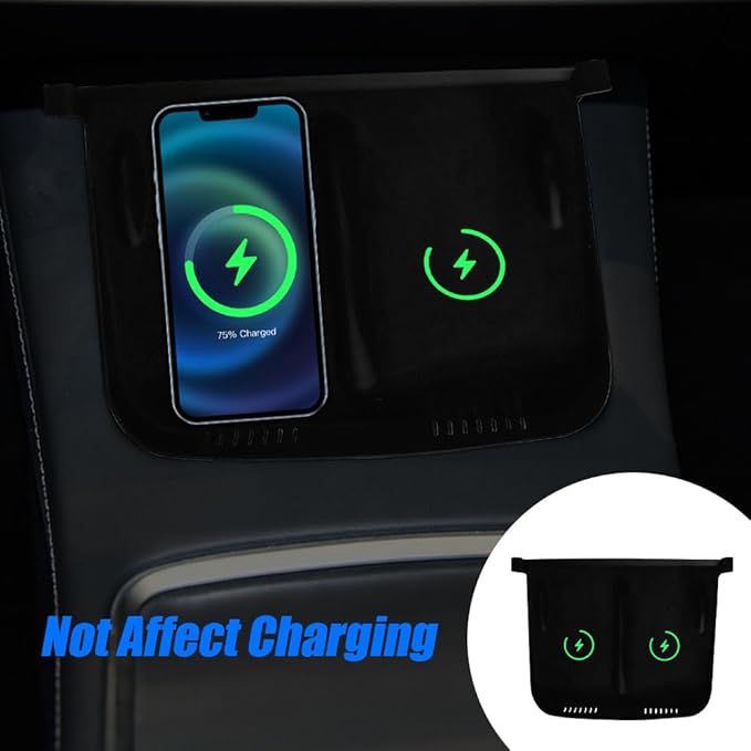 Center Console Wireless Charger Anti-Slip Silicone Mat, Waterproof Phone Pad for Wireless Charging, Car Interior Accessories Universal for Model 3 Model Y 2021-2024 (Luminous, Black)