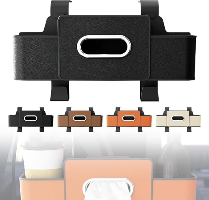Car Backseat Organizer with Cup Holder, Tissue Box, Trash Bin & Hooks, 3-in-1 Multifunctional Back Seat Car Organizer for Hold Phones, Snacks, Drinks, and Handbags, Gifts for Car Owners (Black)