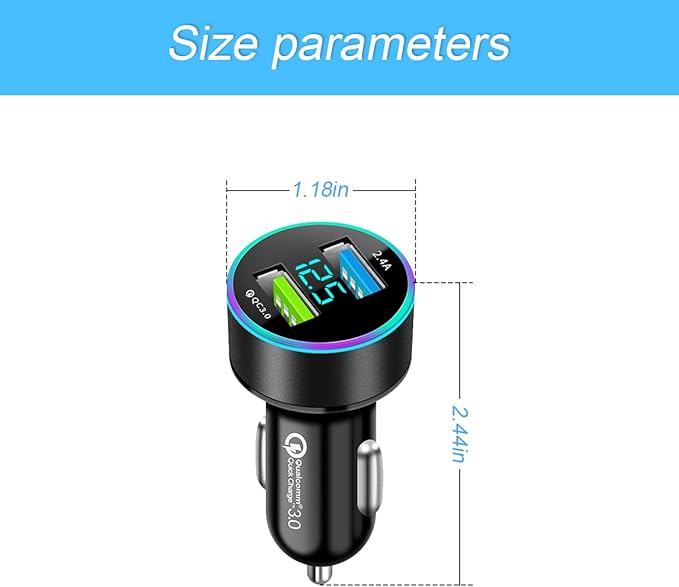 USB C Car Charger Adapter, Dual QC3.0 Ports Cigarette Lighter Car Charger, All Metal Quick Charge with LED Voltage Display, Compatible with iPhone11 pro/Xs/Max, Galaxy Note 8/S9 and More