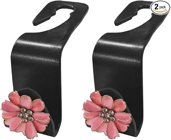 Craedli 2PCS Bling Flower Car Seat Headrest Hook, Cute Rhinestones Car Mini Hook Auto Back Seat Hanger Organizer, Portable Vehicle Interior Bag & Purse Storage Holder for SUV, Sedan, Truck (Pink)