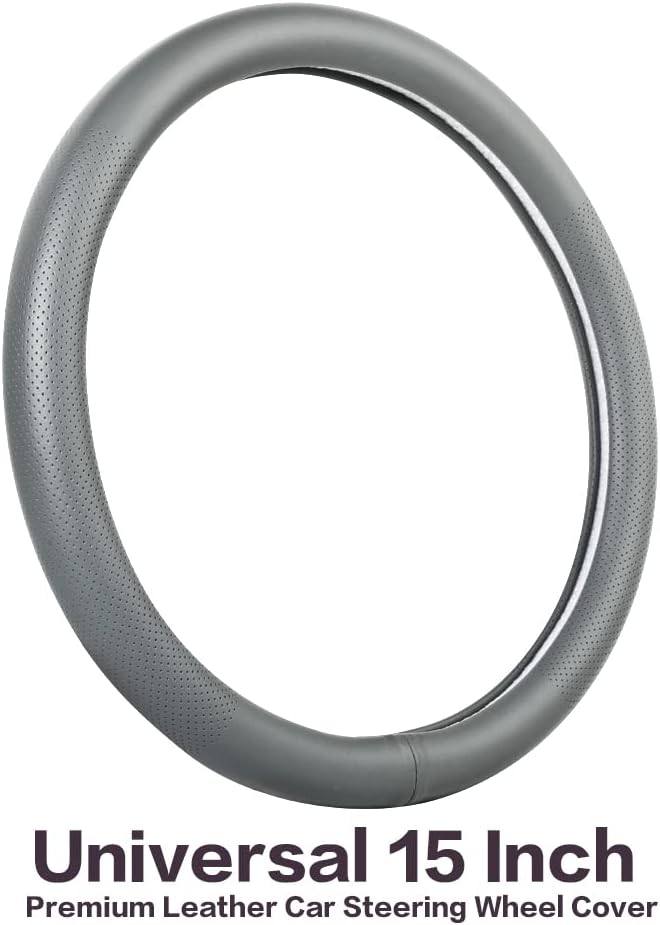 VARGTR Car Steering Wheel Cover,Universal 15 Inch Premium Leather Car Steering Wheel Cover,Best Grip,Perforated Design,Breathable,Non-Slip,Sweat-Absorbent,Warm in Winter and Cool in Summer (Gray)