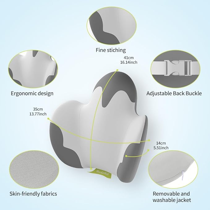 Lumbar Support Pillow for Office Chair, Car Back Support with Memory Foam, Support for Lower Back Pain Relief Lumbar Pillows, Ergonomic Back Cushion for Desk Chair, Sofa, Bed, Car Seat (Grey/White)