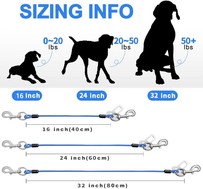 Dog Seat Belt Harness for Car,Dog Seatbelt of Coated Wire Leash Safety Restraint,No Chew Tether Cable Vehicle Dogs Accessories,Double Clips & Latch (Blue, 24 inch/60 CM)