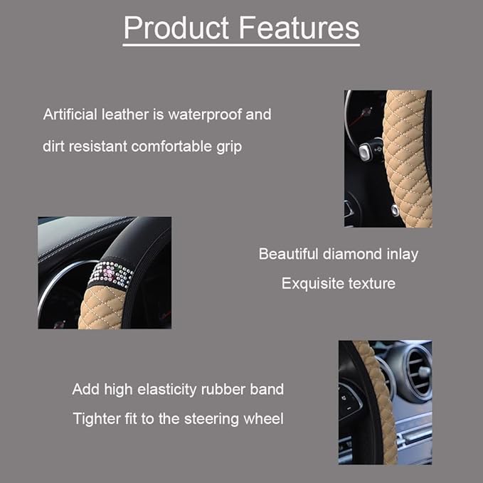 WLERIR Microfiber Leather Steering Wheel Cover with Anti-Slip Lining Universal Car Accessory for Steering Wheel with a Diameter of 14.5-15 inch (Beige)