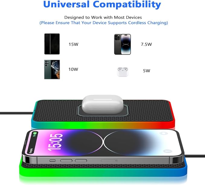 Cordless Car Charging Pad for Mini Electric, 5W/7.5W/10W/15W/20W Charging, Trim-to-Fit Non-Slip Phone Charging Mat with 8 Ambient Light Modes, 100cm Cable,A USB