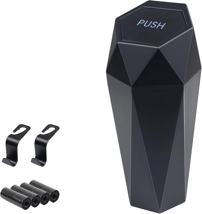 Car Trash Can, Car Trash Bin with Lid, Car Accessories for Women Interior, Car Garbage Can with Additional 2 ABS Hooks and 60pcs Trash Bags, Suitable for Home, Office, Car Organizer, Black