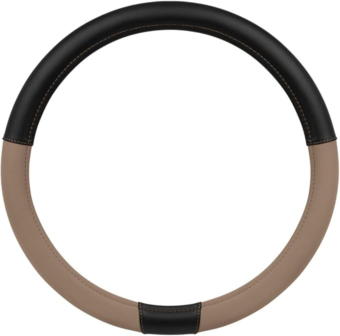 Caterpillar Two Tone Ergonomic Soft Leather Grip Steering Wheel Cover – Strong, Durable and Comfortable Universal Size 14.5-15.5 Inch (Beige/Black) (CASW-2221-BG) (Pack of 2)