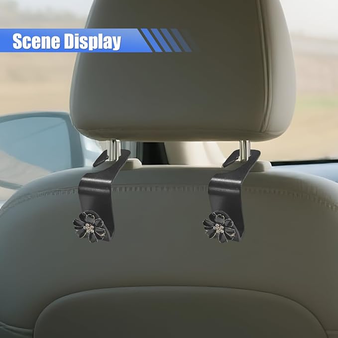 Craedli 2PCS Bling Flower Car Seat Headrest Hook, Cute Rhinestones Car Mini Hook Auto Back Seat Hanger Organizer, Portable Vehicle Interior Bag & Purse Storage Holder for SUV, Sedan, Truck (Black)