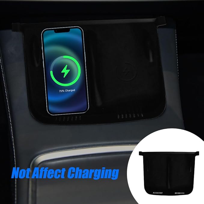Center Console Wireless Charger Anti-Slip Silicone Mat, Waterproof Phone Pad for Wireless Charging, Car Interior Accessories Universal for Model 3 Model Y 2021-2024 (Regular, Black)