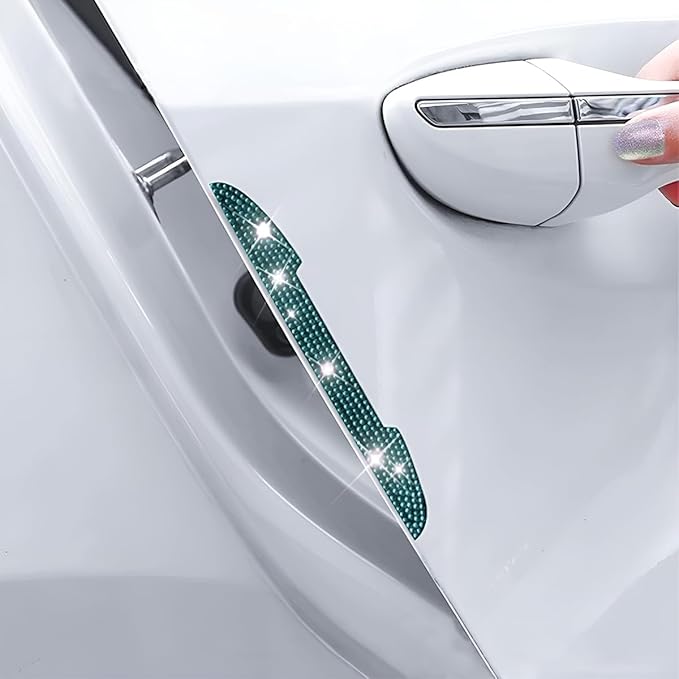 4PCS Bling Car Rear View Mirror Anti-Scratch Stickers Protector, Rhinestone Auto Door Handle Edge Guards, Crystal Anti-Collision Strip Decal, Car Exterior Decoration Accessories for Women (Light Blue)