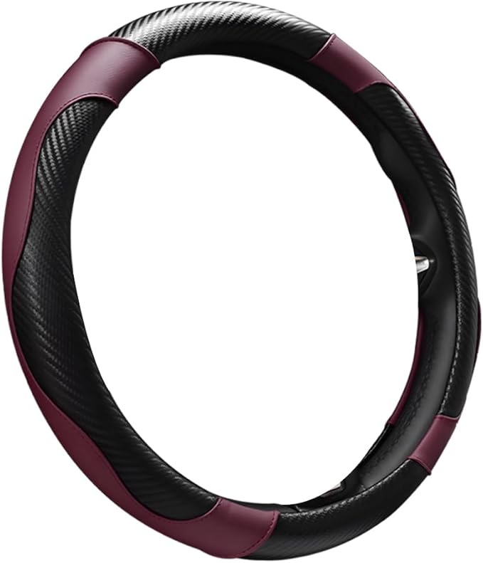 Car Steering Wheel Cover, 15 Inch Carbon Fiber Elastic Vehicle Steering Wheel Protector, Breathable Leather Auto Wheel Covers for Women Men, Interior Car Accessories (Wine Red)