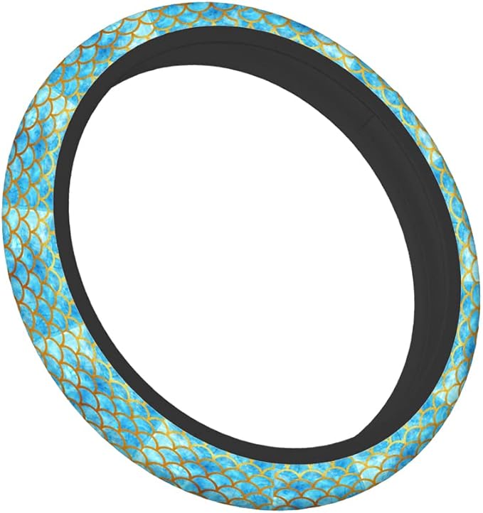 Swono Automotive Steering Wheel Covers Mermaid Scales Watercolor Blue and Gold Fish Scales Neoprene Car Wrap Cover Stretch-On Fabric Breathable Universal 15 Inch for Women Men