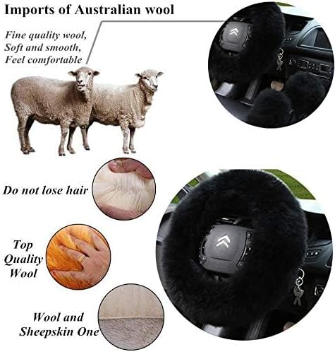 15inches Universal Leather Car Steering Wheel Cover Car Accessories Colorful Fuzzy Steering Wheel Cover Gear Shift Cover Handbrake Cover (Black)