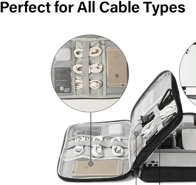 Cable Organizer Case – Double-Layer Cord Travel Storage Bag for Tech Accessories, Electronics, Chargers, Cables, Laptop & Tablet – Weatherproof & Portable Case for Travel