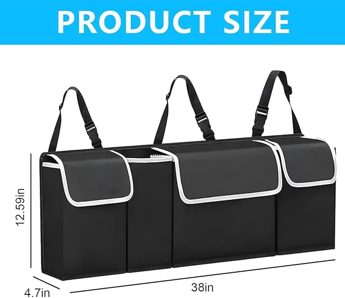 Car Trunk Organizer, Collapsible Large Capacity Auto Backseat Hanging Storage Bag with Adjustable Strap & 4 Pockets, Space Saving Car Back Seat Cargo Bag, Universal for Vehicles (Black)