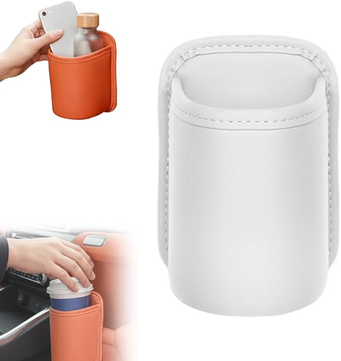 Universal Leather Car Door Cup Holder Trash Can, Leakproof Car Trash Bin,Multifunctional Back Seat Car Organizer for Hold Phones, Snacks, Drinks (White)