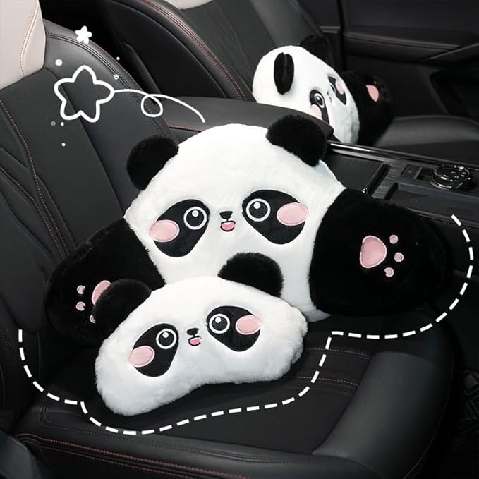 Cute Panda Car Pillow – Plush Neck Support & Lumbar Cushion, Soft Rabbit Fur Material for Headrest & Back Seat Comfort(Set of 2)
