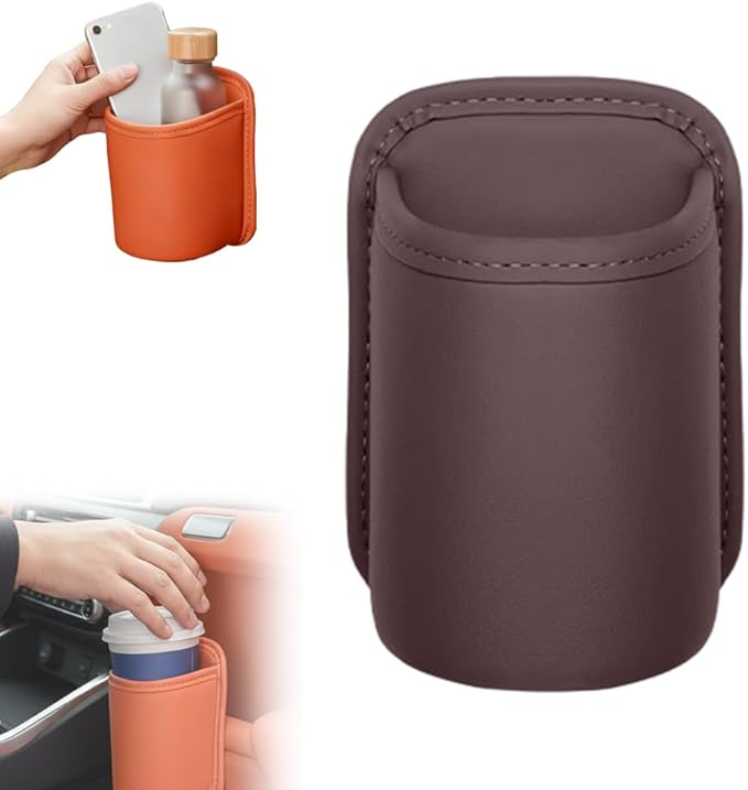 Universal Leather Car Door Cup Holder Trash Can, Leakproof Car Trash Bin,Multifunctional Back Seat Car Organizer for Hold Phones, Snacks, Drinks (Brown)
