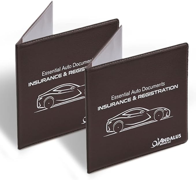 Andalus Auto Registration & Insurance Card Holder Pack of 2, Waterproof Essential Car Registration Holder with Hook & Loop Closure, Perfect for Every Vehicles Glove Boxes (Brown - 5 1/8" x 4 5/8")