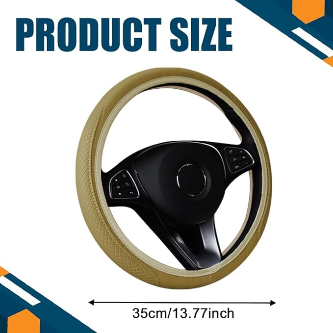 Car Steering Wheel Cover, Universal 14.5-15 Inch Beige Leather Steering Wheel Wrap with Better Sport Grip for Men Women, Anti-Slip Breathable Car Interior Accessories for Most Vehicles (Beige)