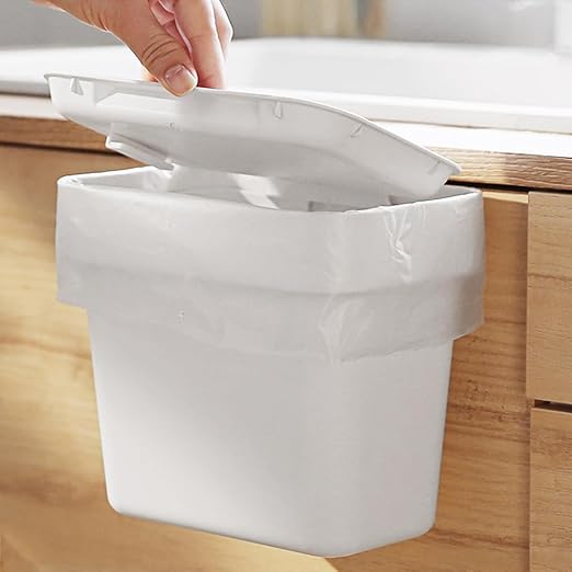 0.8 Gallon Hanging Small Trash Can with Lid for Cupboard/Bathroom/Bedroom/Office/Camping, Mini Desk Trash Can with 150 Pcs Trash Bags, White