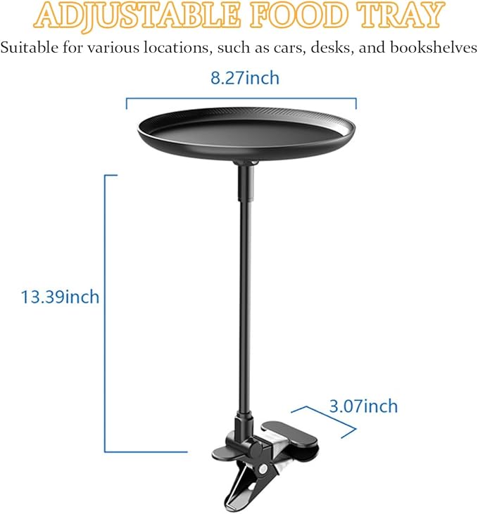 Car Adjustable Food Tray, 360° Non-Slip Swivel Vehicle Snacks & Drinks Dining Table, 8.7 Inches Diameter Automotive Clip Type Storage Tray, Universal for SUV, Truck, RV