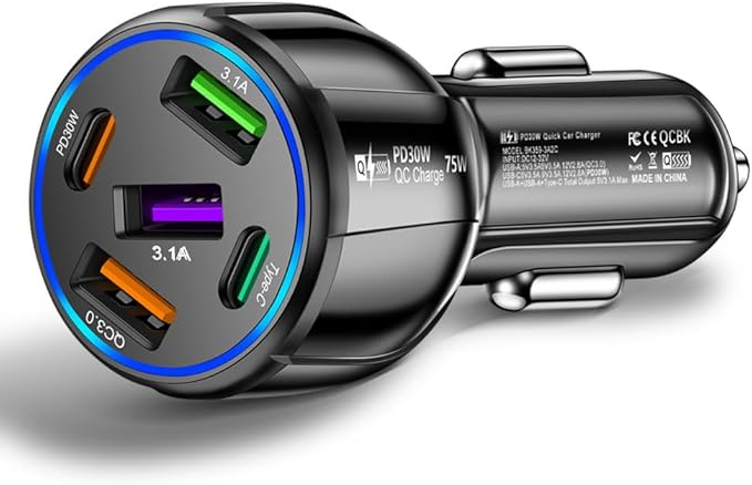 75W USB C Car Charger 5-Port Car Charger Adapter, PD & QC3.0 Fast Charging Cigarette Lighter USB Charger for iPhone/Android/Samsung Galaxy S10 S9 Plus (Black)
