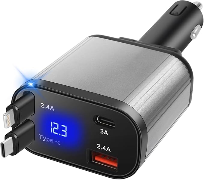 Retractable Car Charger, 4-in-1 Fast Charging with Dual Retractable Cables, USB-C and USB-A Car Adapter for iPhone 17 16 15 14 13 Pro Max, Samsung Galaxy, Pixel, Android Devices