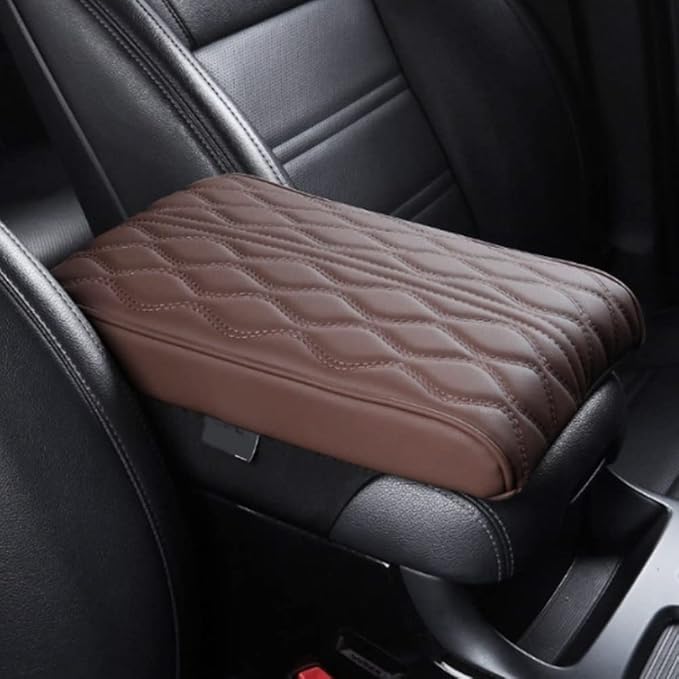 AIIONP Leather Car Armrest Box Pad, Universal Car Center Console Cover Pad, PU Leather Car Armrest Seat Box Cover Protector, Center Console Armrest Pad for SUV, Truck, Car (Brown, Wave Pattern)