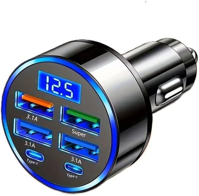 120W Super Fast Charging 6-Port USB-C Car Charger with LED Voltage Display | Multi-Device Cigarette Lighter USB Adapter for iPhone & Android