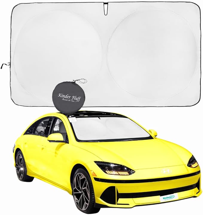 Kinder Fluff Windshield Sunshade | Reflective Patented Car Sun Protection - Certified 99% UVR Block - Cool Interior | Foldable Sun Visor Cover | Automotive Accessories for Summer Heat | Size M 61"x32"