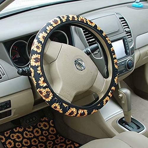 AFPANQZ Puppy Paws Print Steering Wheel Protection Stretch-on Fabric Machine Washable Women Men Neoprene Automotive Steering Wheel Covers Sweat Absorption Comfort Grip for Driver Black Colorful