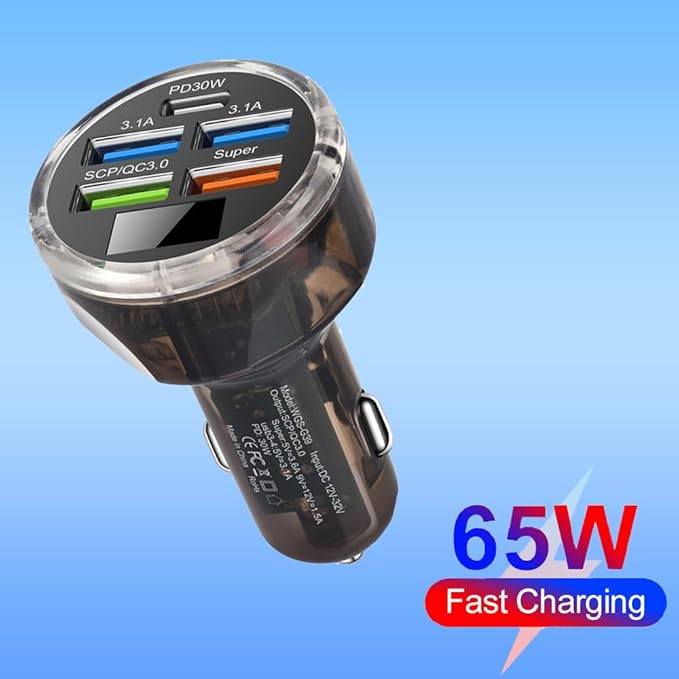 5 Multi Port USB C Car Phone Charger Adapter, 65W Super Fast Charging Car Cigarette Lighter USB Charge with Voltage Display for iPhone 16 15 14 13 12 11/Android/Samsung/iPad and More