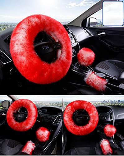 15inches Universal Leather Car Steering Wheel Cover Car Accessories Colorful Fuzzy Steering Wheel Cover Gear Shift Cover Handbrake Cover (red)