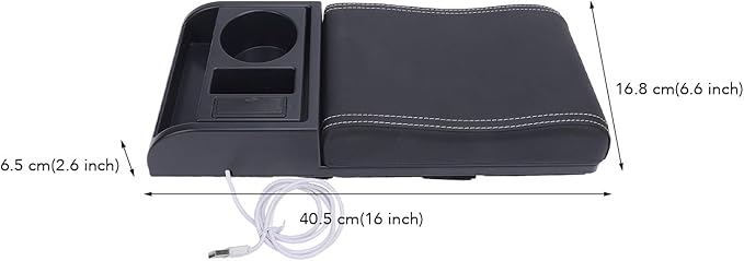Center Console Armrest Box Cover Adjustable Length with USB Charging Port Cup Holder Universal for Most Vehicles (White Line)