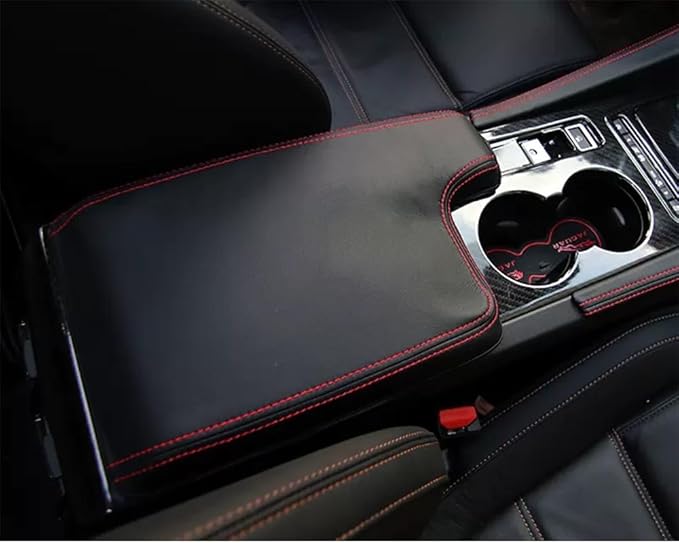 Custom Interior Accessories for F-PACE FPACE/XF 2017 2018 2019 2020 PU Leather Center Console Armrest Box Cover Armrest Cushion Central Armrest Protector Pad(Black with red Stitching)