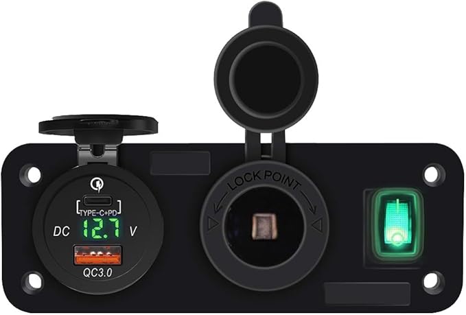 QC3.0 PD Dual USB Fast Charger Socket Multi Port Panel Cigarette Lighter Splitter with Voltmeter Switch for Car Motorcycle Boat(Blue Light)